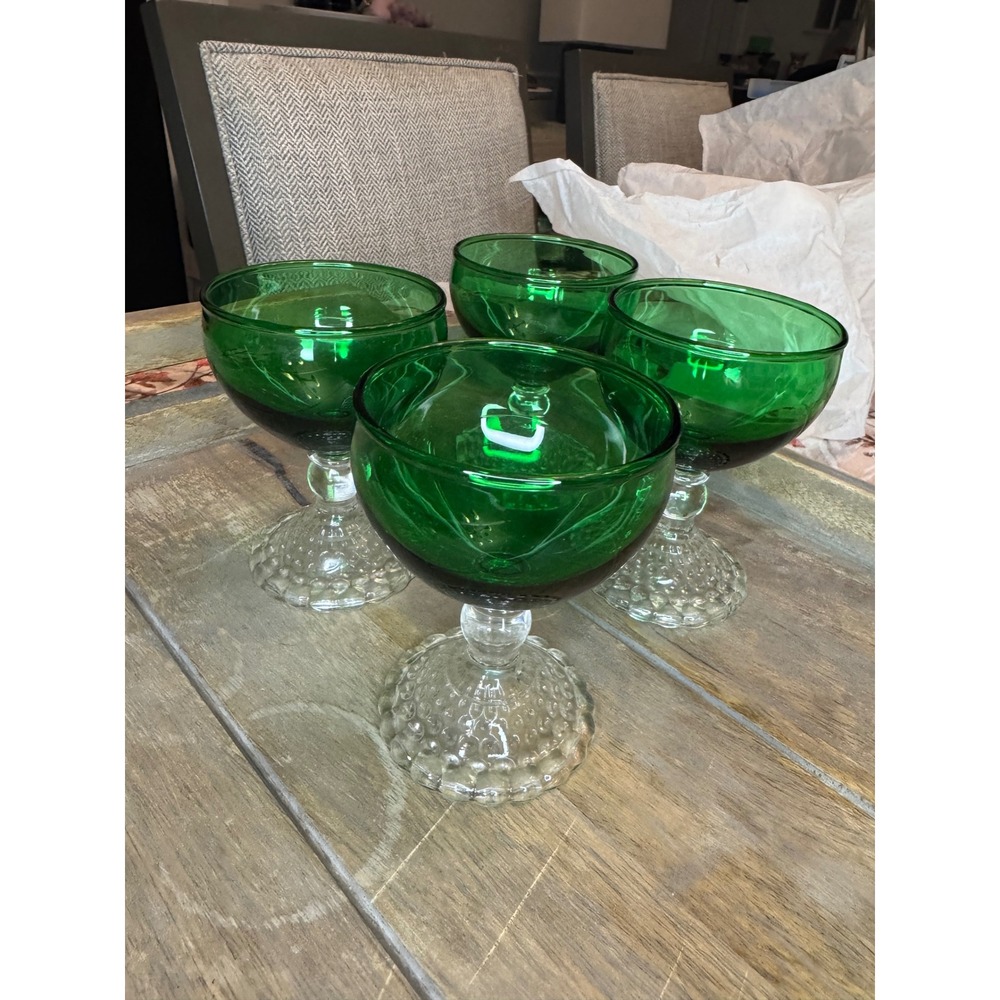 Vintage Green Coupe Glasses Set 4 Hobnail Stem Anchor Hocking Style